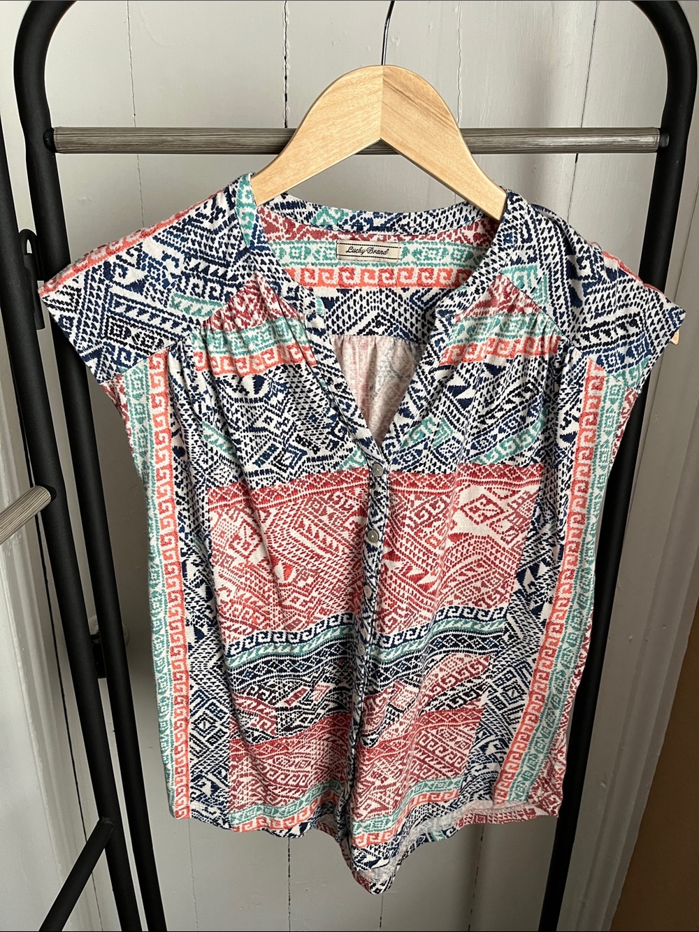 Lucky Brand Multicolor Patterned Top in Navy, Coral, Teal